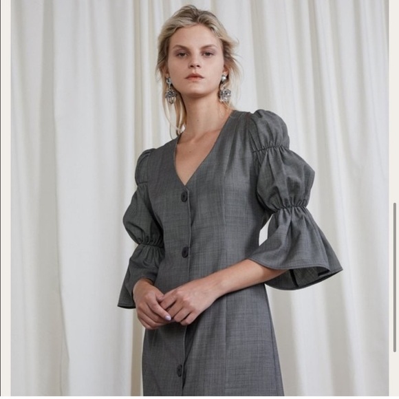 Ovna Ovich Kahlo Puff Sleeve Button Down Midi Dress in Slate Italian Wool - Picture 3 of 8